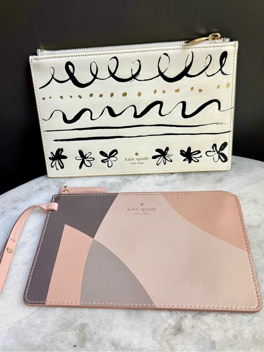Kate Spade Zip Pouch Set of 2 - Geometric Leather Wristlet & Printed Clutch